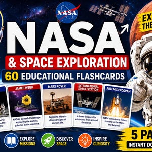 May include: An image promoting NASA space exploration educational flashcards. The image shows a rocket launch, an astronaut, and cards with space themes. Text includes "60 Cards", "NASA", and "Explore the Universe!"