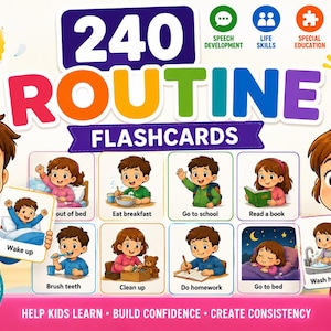 Op de afbeelding: Een set van 240 routine-flashcards met cartoonillustraties van kinderen die dagelijkse taken uitvoeren. De kaarten zijn onderverdeeld in vijf categorieën en bevatten labels zoals wakker worden, ontbijten, naar school gaan en handen wassen.
