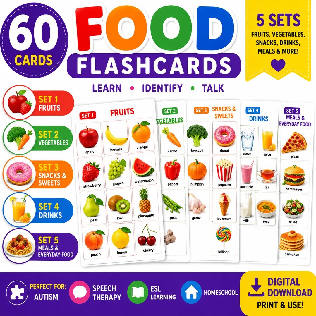 60 Food Flashcards Printable PDF for Kids | Fruits Vegetables Drinks ...
