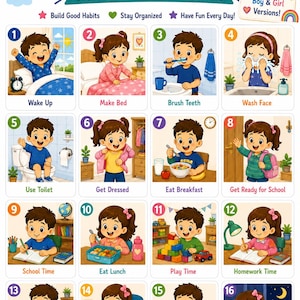 May include: A daily routine visual schedule for kids featuring sixteen numbered cartoon illustrations of children performing tasks like waking up, brushing teeth, eating, and doing homework, with the text Daily Routine Visual Schedule for Kids.