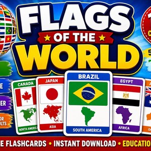 Världens flaggor Flashcards Utskrivbar PDF | 195 länders flaggor för barn | Geografi Hemundervisning Montessori Lärkort