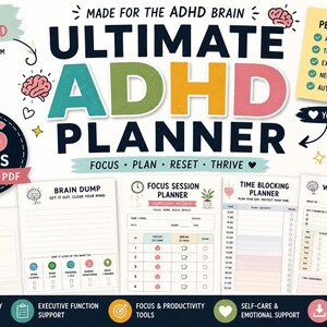 Ultimate ADHD Planner Printable PDF | 26-Page Executive Function Planner | Brain Dump | Time Blocking | Pomodoro | ADHD Reset | Neurodiver