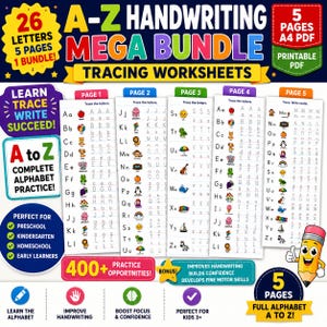 May include: A-Z Handwriting Mega Bundle tracing worksheets. Includes 26 letters, 5 pages, and 1 bundle. Features complete alphabet practice, perfect for preschool, kindergarten, homeschool, and early learners. Improves handwriting and builds confidence.