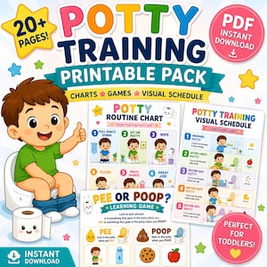 May include: A colourful printable potty training pack with charts, games, and a visual schedule. The image features a cartoon boy on a potty, a roll of toilet paper, and text that reads "Potty Training Printable Pack". Includes "Pee or Poop?" learning game.