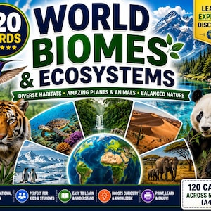 May include: A colorful educational poster titled "World Biomes & Ecosystems" featuring images of diverse habitats, plants, and animals. The poster includes a hummingbird, tiger, turtle, waterfall, desert, panda, penguins, and elephants. The poster has the text "120 Cards Across 5 Pages (A4)".