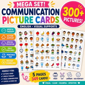 Op de afbeelding: Een mega-set met communicatie-plaatjeskaarten met meer dan 300 kleurrijke illustraties op witte vierkanten. De tekst bevat 'MEGA SET! COMMUNICATION PICTURE CARDS', '300+ PICTURES!' en diverse categorieën zoals logopedie en dagelijkse routines.