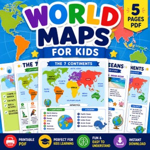 Peut inclure: Un PDF éducatif coloré pour enfants avec des cartes du monde, des continents et des océans. Le design comprend le texte "WORLD MAPS FOR KIDS" et "THE 7 CONTINENTS". Le PDF comprend des faits amusants et des activités.