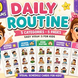 May include: A colorful visual schedule for kids, featuring 320 pictograms and 5 categories. The design includes illustrations of daily routines, with text that reads "Daily Routine" and "Easy Visuals for Kids". The product is an A4 PDF for instant download.