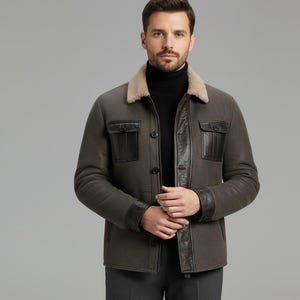 Grijze suède schapenvachtjas heren - stijlvolle schapenleerjas