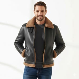 Zwarte schapenvachtjas heren – met bont gevoerde schapenvacht winterjas – warme leren jas voor heren