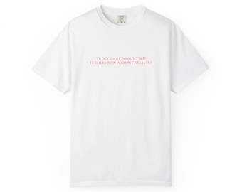 May include: A white t-shirt with a crew neck. The shirt features red text that reads "TE OCCIDERE POSSUNT SED TE EDERE NON POSSUNT NEFAS EST". The shirt is made of a soft material.