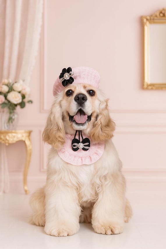 Pink Tweed Pet Outfit: Beret & Bow Collar - Luxury Cat/Small Dog Costume
