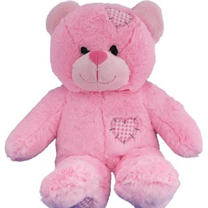 Könnte beinhalten: Ein rosa Teddybär mit einem herzförmigen Flicken auf der Brust und einem karierten Flicken auf dem Kopf. Der Bär hat ein lächelndes Gesicht mit schwarzen Augen und einer rosa Nase. Der Bär ist weich und kuschelig.