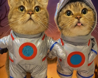 Könnte beinhalten: Zwei Katzen in silbernen Astronautenanzügen mit blauen und roten Akzenten vor einer Halloween-Kulisse. Ein großer gelber Mond, Fledermäuse und geschnitzte Kürbisse sind zu sehen. Die Anzüge der Katzen haben große rote und blaue Kreise.