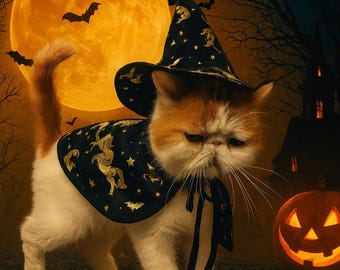 Witch Cat Costume: Halloween Pet Cape and Hat Set