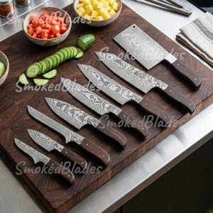 8 Piece Handmade Stainless Kitchen Knife Set, Full Tang Chef Knives with Wood Handle and Cleaver, Professional Cooking Gift, Chef set