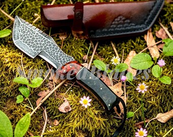 Handmade Full Tang Tracker Knife | Hand Forged Stainless Steel Hunting Survival Knife | Rosewood and Resin Handle | Leather Sheath Included