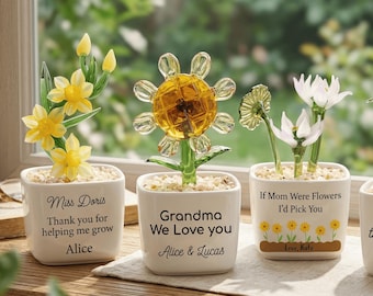 Custom Glass Potted Plant - Personalized Birth Month Flower, Birthday Gift for Mom & Grandma, Custom Text Keepsake, Unique Desk Decor
