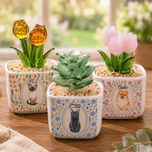 May include: Three square white ceramic planters containing glass plants. The left planter features a Siamese cat labeled Mochi with yellow glass tulips. The center planter shows a black cat labeled Cleo with a green glass succulent. The right planter displays a Pomeranian labeled Cookie with pink glass tulips.