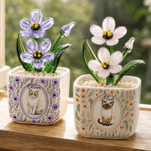 May include: Two square ceramic planters filled with small stones and glass flowers. The left planter features a cat illustration labeled Oliver with purple flowers. The right planter features a cat illustration labeled Mochi with orange flowers.
