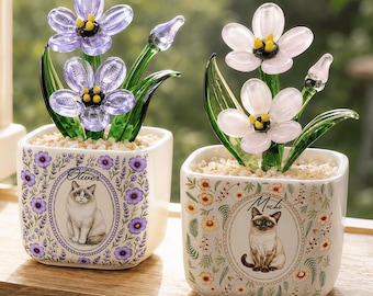 Handmade Glass Forget Me Not Pot, Custom Pet Portrait Present for Family Friends, Loss of Pet Memorial Gift for Pet Lover Desk Art