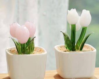 Hand Blown Glass Potted Plants - White Pink Glass Tulip, Purple Glass Flower