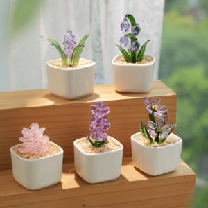 May include: Five small, square white ceramic pots each hold a different glass flower sculpture. The flowers are various shades of purple, pink, and clear, with green leaves. The pots sit on a wooden shelf.