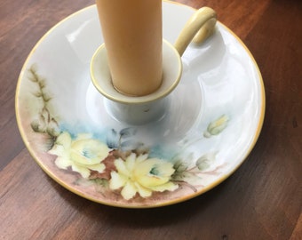 Ceramic Floral Candle Holder With Handle Hand Painted