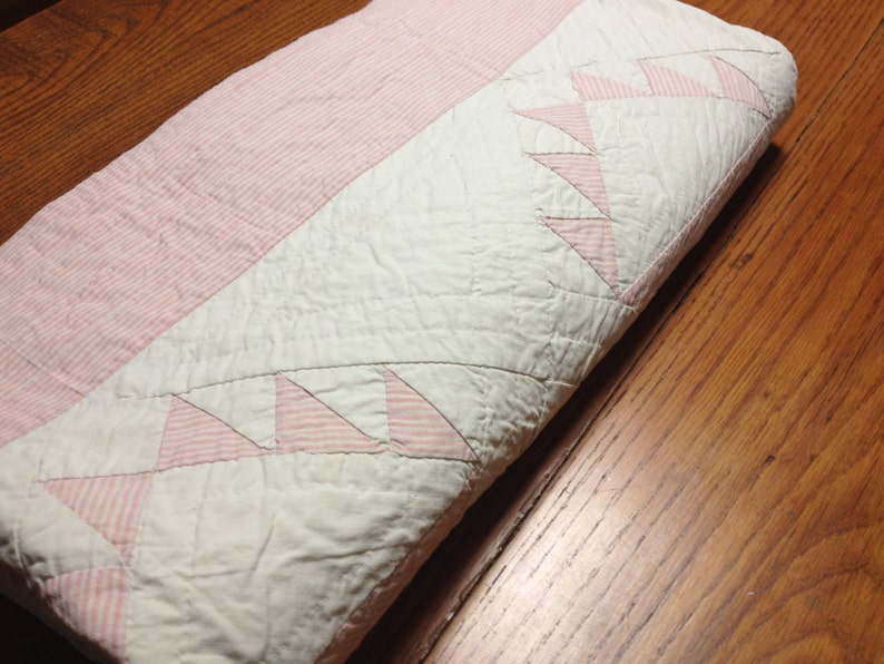 Beautiful Pale Pink And White Hand Sewn Vintage Quilt image 1