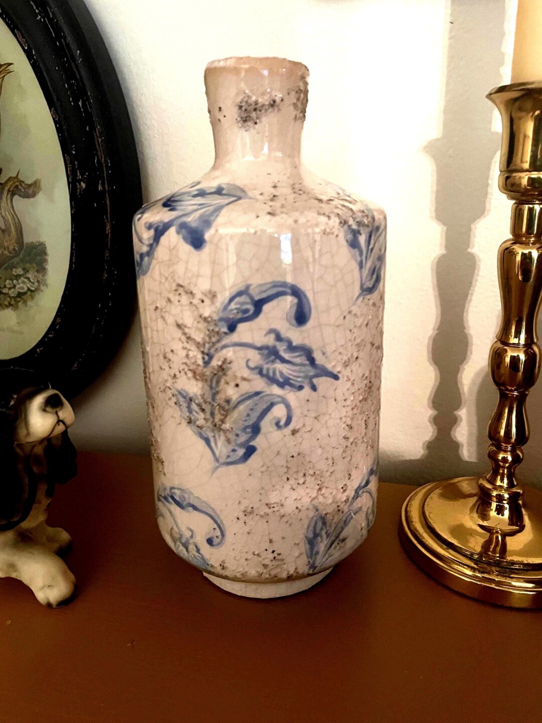 Vintage Rustic Blue White Pottery Vase - Etsy