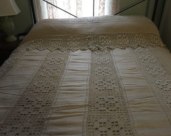 Bed Cover Full Crochet And Linen Ecru Bedspread Bedding Bedroom Vintage