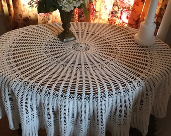 Vintage Hand Crocheted Round Table Covering Large Hand Made