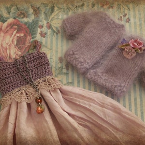 Custom Ooak MSD BJD Kaye Wiggs Plum Mauve Crocheted Top Dress Outfit French Angora Sweater Cardigan Vintage Lace