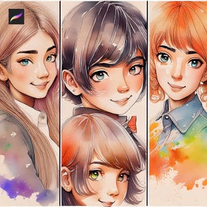 May include: Watercolor portraits of three smiling individuals with varying hair colors: blonde, brown, and red. Each portrait features detailed facial features and a soft, artistic style. The background has watercolor splashes.