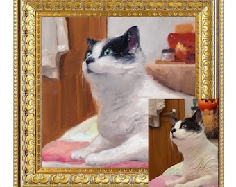 Tableau à l'huile encadré personnalisé représentant un chat (animal de compagnie), toile encadrée, portrait d'animal