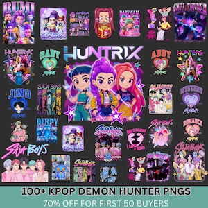 May include: A collection of colorful K-pop-themed digital art prints. The designs feature anime-style characters and text, including "Huntrix," "Saja Boys," and "Demon Hunter." The image includes the text "100+ KPOP DEMON HUNTER PNGS."