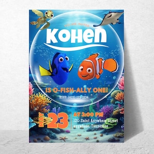 May include: A vibrant invitation featuring animated characters from a popular animated film. The design includes a blue background with coral and sea creatures. The text reads "You are invited" and "Kohen", with the phrase "Is O-Fish-Ally One!" and RSVP information.