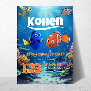 Puede incluir: Una colorida invitación con personajes de la película "Buscando a Nemo." La invitación incluye el nombre "Kohen", la frase "IS O-FISH-ALLY ONE!" y detalles del evento. El fondo representa una escena submarina con corales y peces.