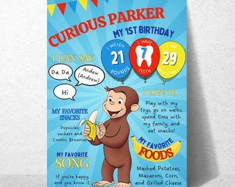 May include: A blue birthday poster featuring the text "Curious Parker My 1st Birthday." The poster includes a cartoon monkey holding a banana, speech bubbles, and information about the child's weight, teeth, and height. The poster also lists favorite snacks, foods, and a song.