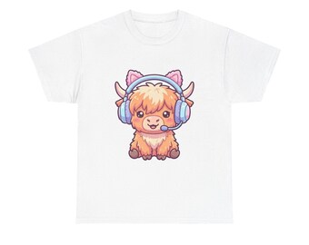 Kawaii Highland Cow-gamershirt, headset met kattenoor, gezellig RPG-T-shirt