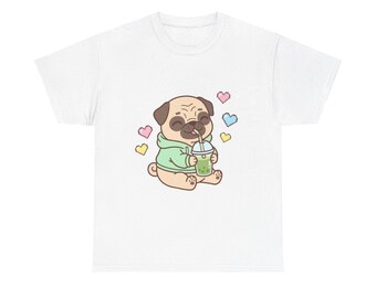 Gezellig Gamer Pug Matcha Latte-T-shirt | Gamingshirt met pastelkleurig pixelhart Kawaii | Comfortkleuren Zacht katoen Cadeau