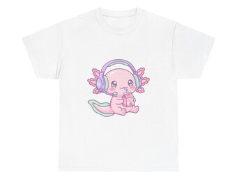 Gezellig kawaii gamer-shirt axolotl | Pastelroze gaming-T-shirt met aardbeimelk | Cadeau comfortkleuren