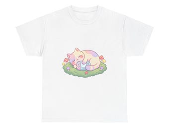 Gezellig Chonky Cat-T-shirt voor gamer, kawaii pastelkleurige slapende kat, paddenstoelconsole, comfortkleuren esthetisch gaming-shirt