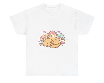 Gezellig Golden Retriever-T-shirt voor gamer, kawaii-shirt met cottagecore-paddenstoel