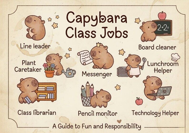 Capybara Classroom Job Cards Printable: Fun Teacher Organization Tool ...