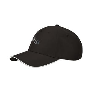 May include: Black baseball cap with a curved brim and the letters "M/B" embroidered on the front. The brim has a white trim. The cap is made of a smooth, solid material.