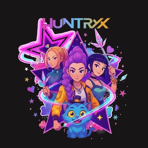 May include: A digital illustration on a black background, featuring three women and a blue cat. The women are positioned in front of a star-shaped design, with the word "HUNTRYX" above. The design and the cat have a neon colour scheme.
