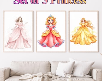 Set of 3 Princess Wall Art Prints, Princess Poster, Princess Wall Decor, Girls Room Decors, Nursery Decor, Watercolor Princess Decor Art