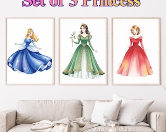Arte mural de princesas, juego de 3 láminas con salpicaduras de acuarela, decoración para sala de juegos, arte mural digital de princesas, láminas para guardería, decoración para habitación de niñas