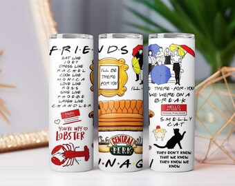May include: Three white Friends-themed tumblers with various quotes and illustrations. One features a red lobster, the phrase "You're my lobster," and a "Hello" name tag. Another has the Central Perk logo and the phrase "I'll be there for you." The third has the phrase "Smelly Cat."